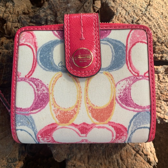 Coach Print White, Pink, Yellow, and Blue Snap and Zipper Wallet. - Picture 1 of 8
